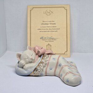 Lenox Christmas Dreams Hand Painted Porcelain Cat In Stocking Figurine With 24K